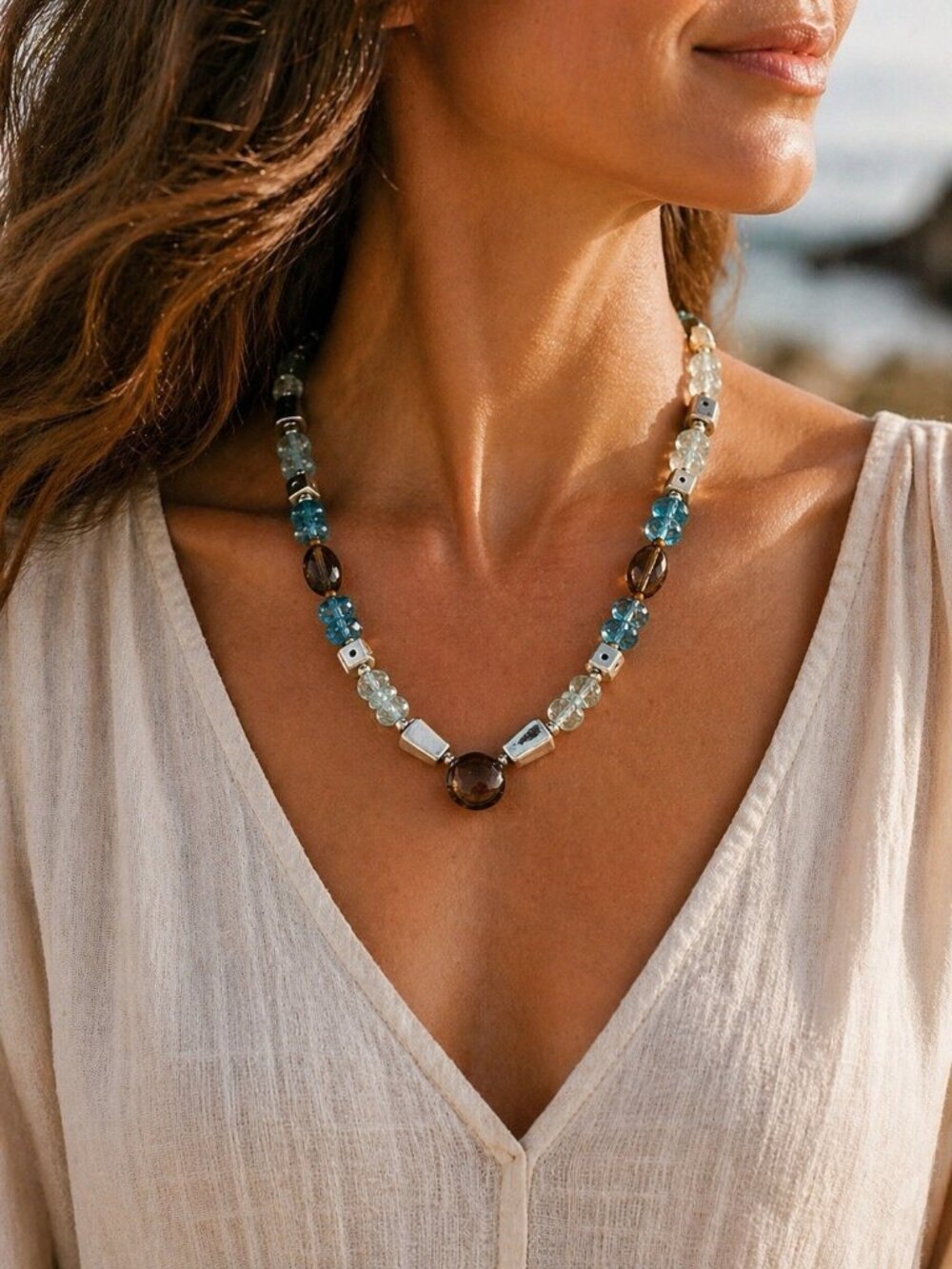 Signed AK 980 Silver Aquamarine Blue Topaz & Smoky Quartz Bead Necklace Vintage